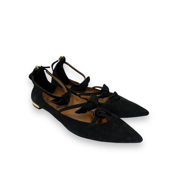 AQUAZZURA Black Suede Strappy St Tropez Bow Point Toe Flats Size 38 US 8 - Picture 3 of 8